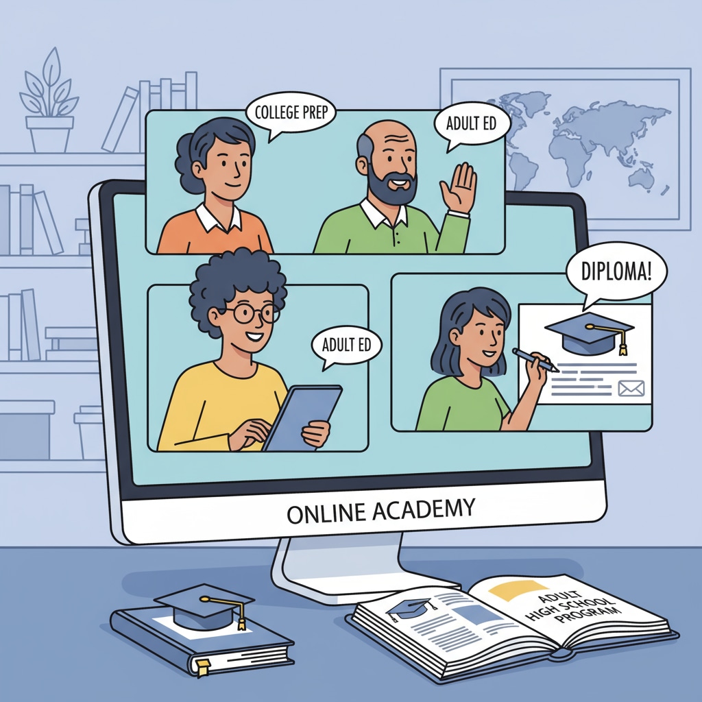 A scene of adult students participating in an online high school class, with their faces visible on the computer screens, engaged in learning activities related to obtaining an adult high school diploma for college. Adult students in an online high school class for college entry