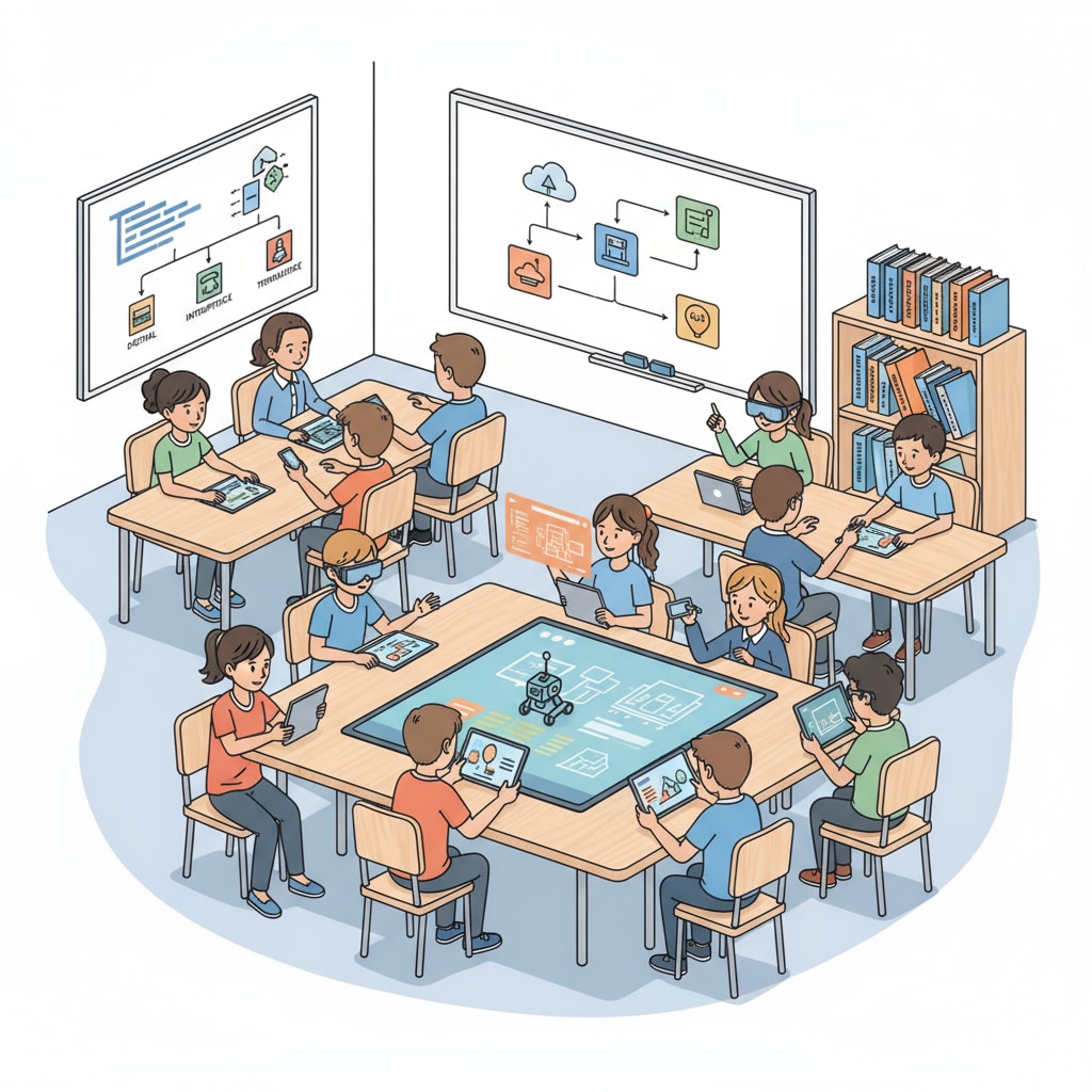 A classroom scene where students are actively involved in activities related to modern skills like using digital devices, but there are no textbooks related to historical knowledge in sight. Classroom scene highlighting the lack of historical knowledge in K12 education focused on skills