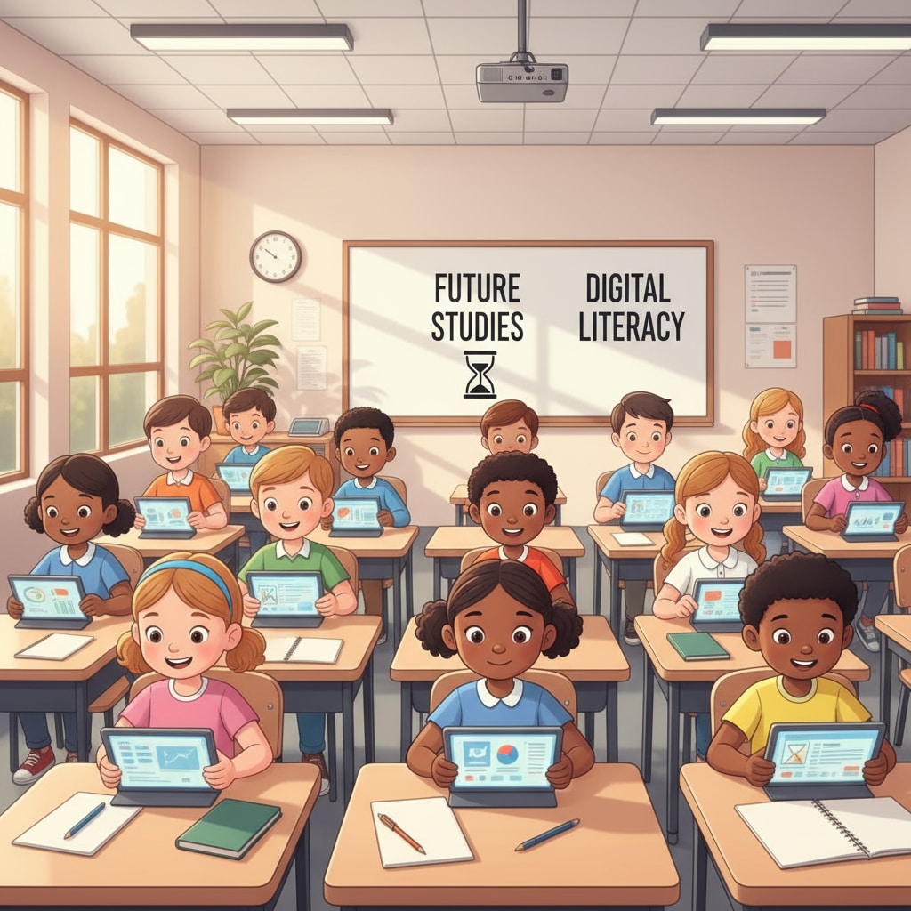 A group of students in a classroom using tablets for learning, but historical books are absent from their desks, symbolizing the lack of historical knowledge in the curriculum. Students using tablets without historical books in K12 education