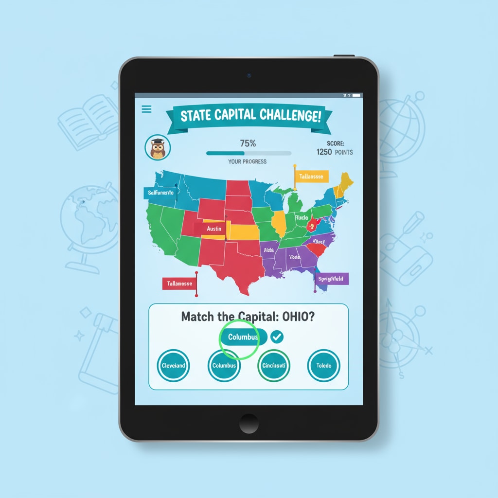 A screenshot of a state capital learning app shows different states and their capitals highlighted. The app has a user - friendly interface with colorful graphics. State capital learning app screenshot for geographical education