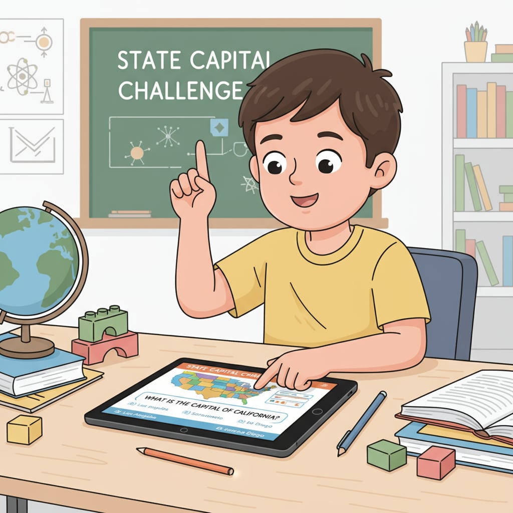 A child is sitting at a table, using a tablet with a state capital learning app open. The child is interacting with the app, pointing at the screen. A child using a state capital learning app for geographical learning