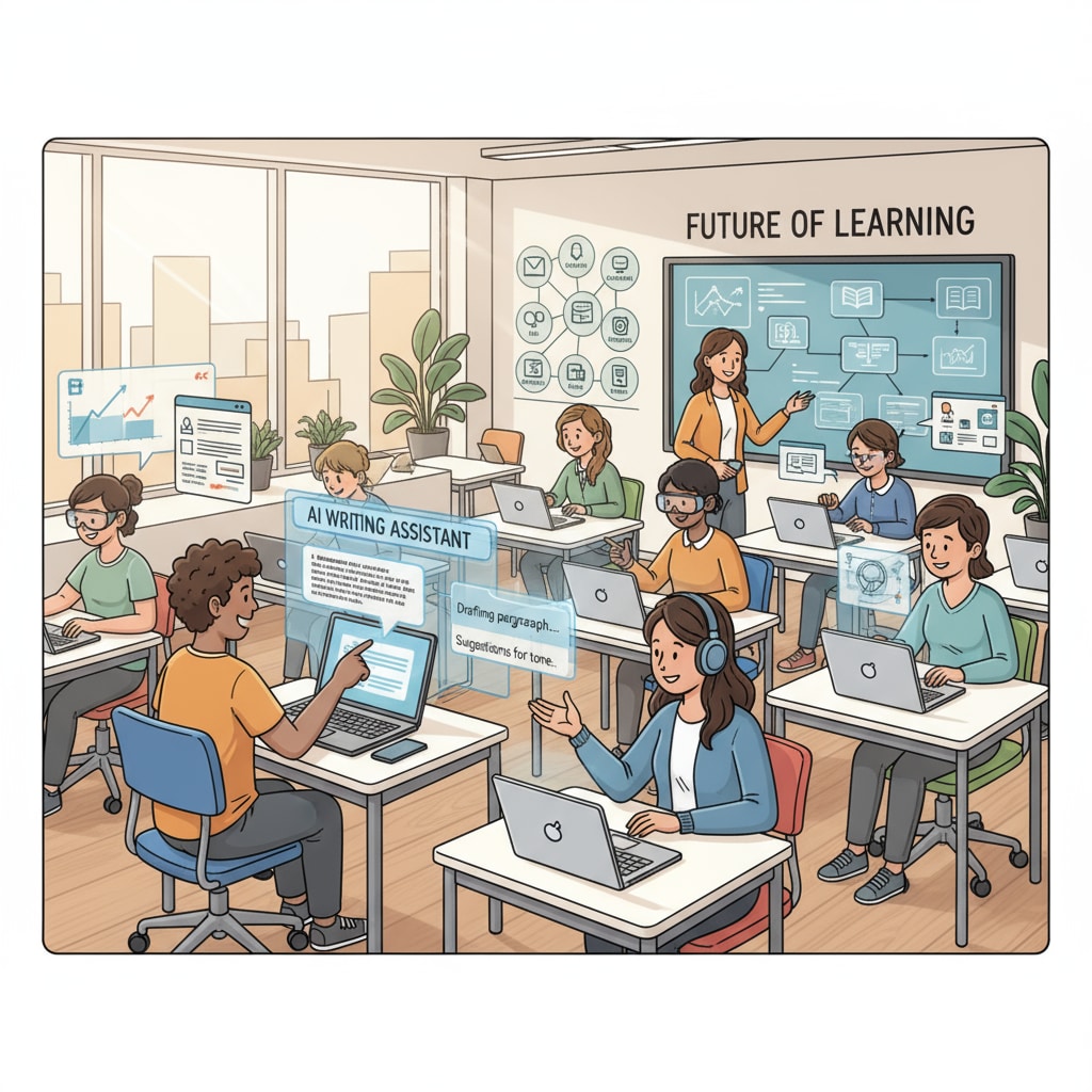 A classroom scene where students are using various devices. Some students might be using AI writing tools on their laptops, highlighting the modern educational environment affected by technology. Classroom scene with students potentially using AI for writing in the context of student writing, assignment authenticity, and educational goals