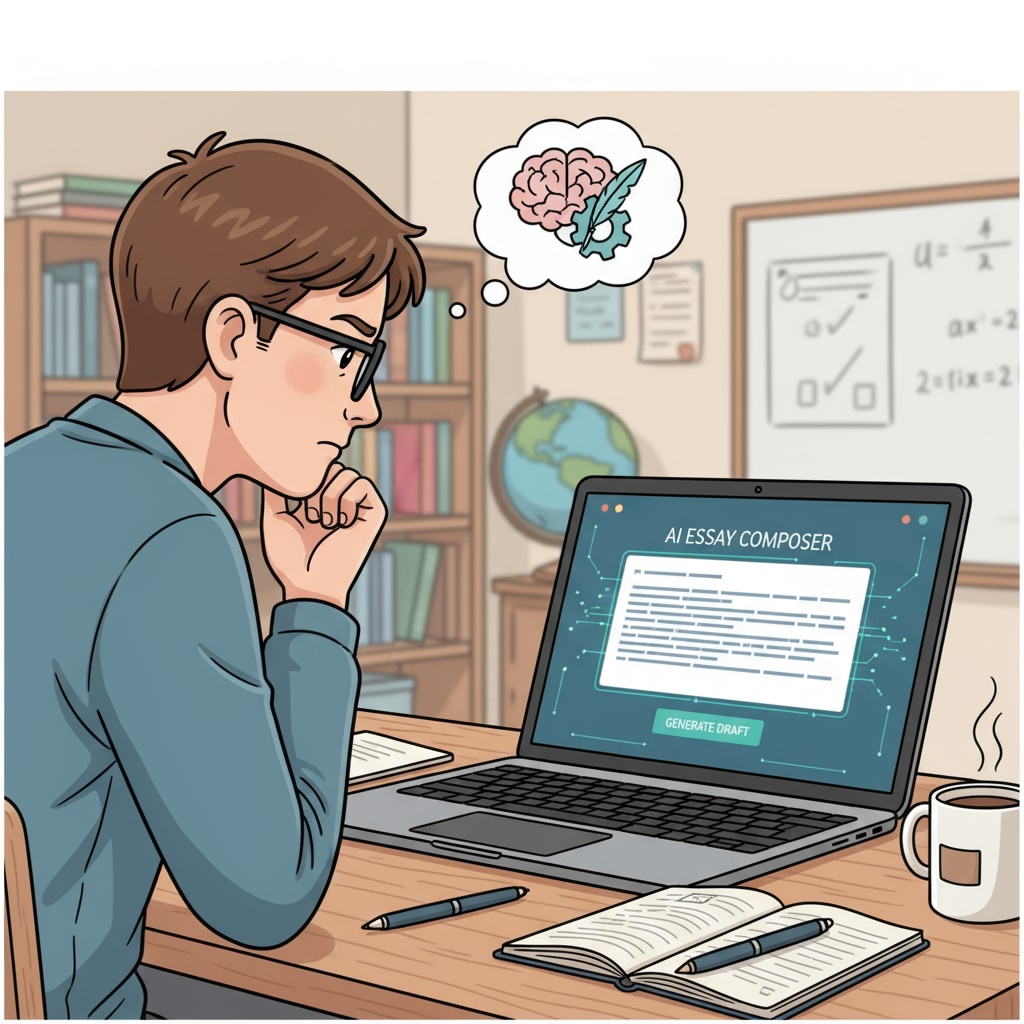 A student is sitting at a desk, concentrating on a computer screen that shows an AI writing interface. This depicts the reality of students having access to AI tools for writing tasks. Student using an AI writing interface in relation to student writing, assignment authenticity, and educational goals
