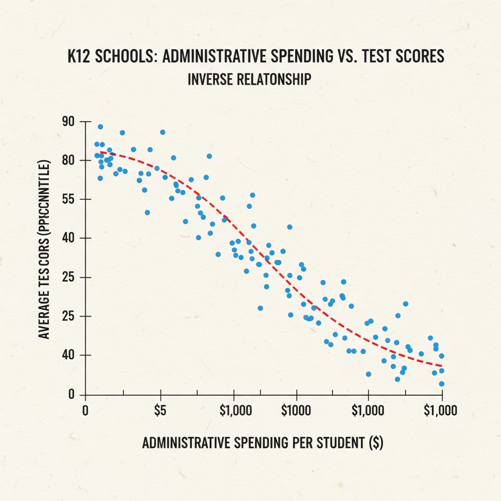 A graph presenting the inverse relationship between administrative spending per student and average test scores in K12 schools, with clear axes labels and data points. Graph showing the negative correlation between administrative expenditure and student performance in K12 education