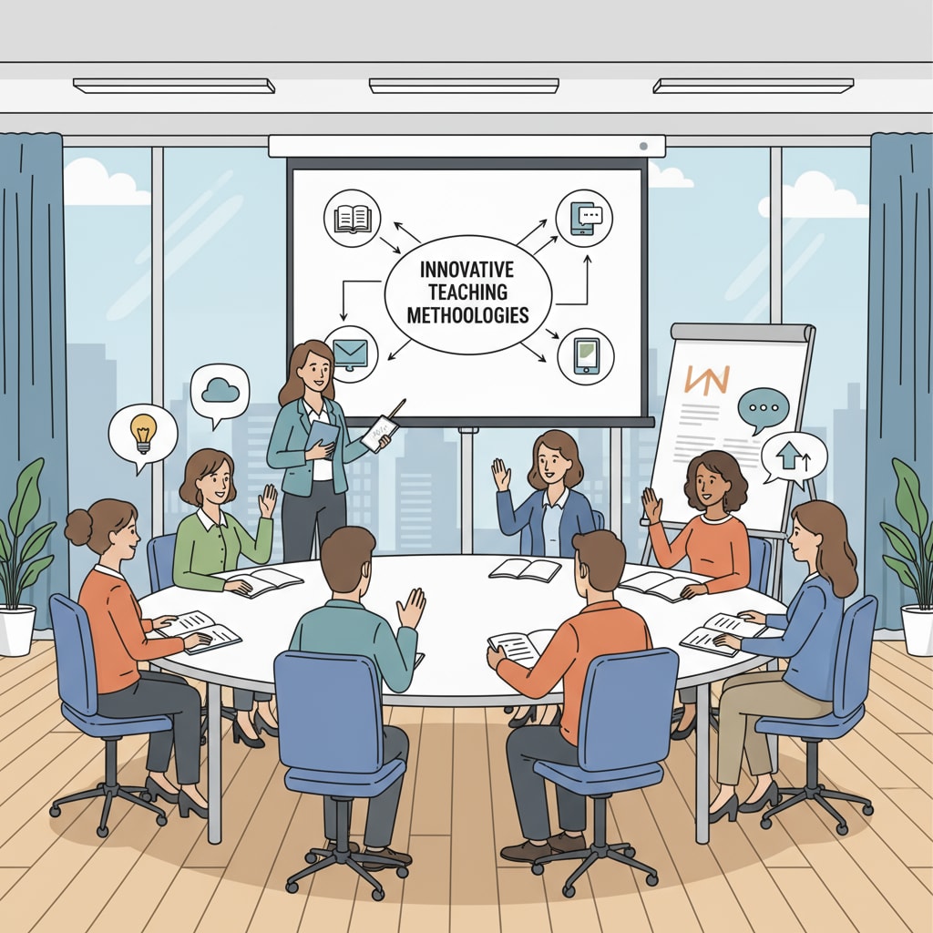 A group of teachers participating in a professional development workshop, with an emphasis on learning new teaching techniques. Teachers engaged in professional development to enhance educational quality, related to administrative expenditure, student performance, and resource allocation