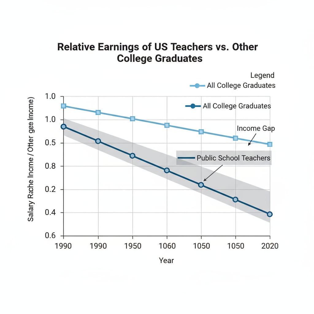 A graph presenting the trend of the income gap between US teachers and other college graduates over a period of years, with years on the x-axis and salary ratio on the y-axis. Income gap trend between US teachers and other college graduates