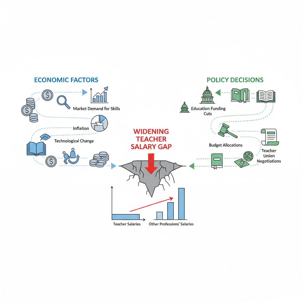 An illustration showing two paths, one representing economic factors like market demand for skills and the other representing policy decisions like education funding, both leading to the widening teacher salary gap. Illustration of factors contributing to the teacher salary gap