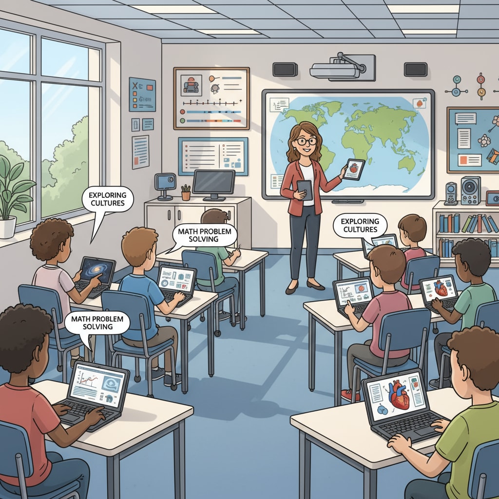A classroom scene where students are actively using digital devices such as tablets and laptops to learn various subjects, demonstrating modern teaching methods. Classroom scene showing educational innovation with digital devices for learning