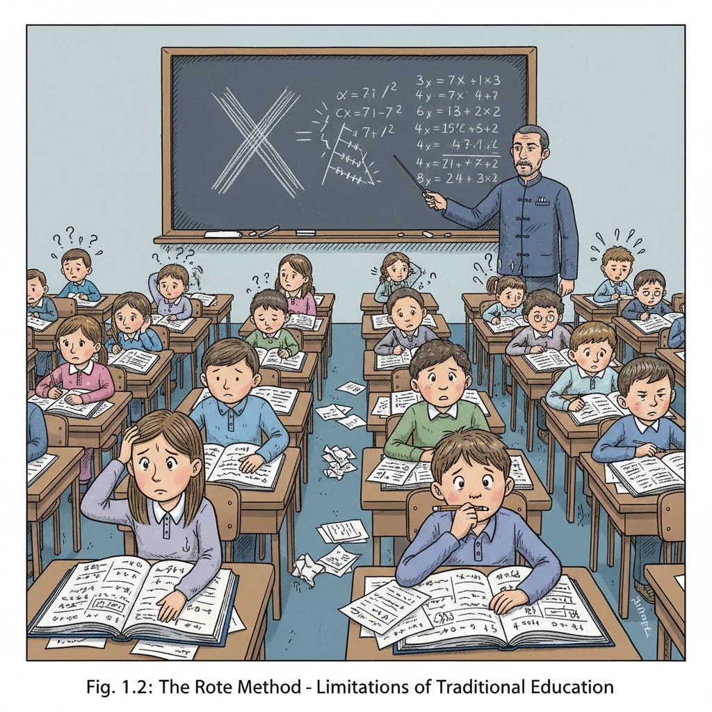 A group of students sitting at desks, looking confused and frustrated while trying to solve math problems using traditional rote methods, highlighting the limitations of the old system. Students confused while solving math problems in a traditional way, related to curriculum and teaching method issues