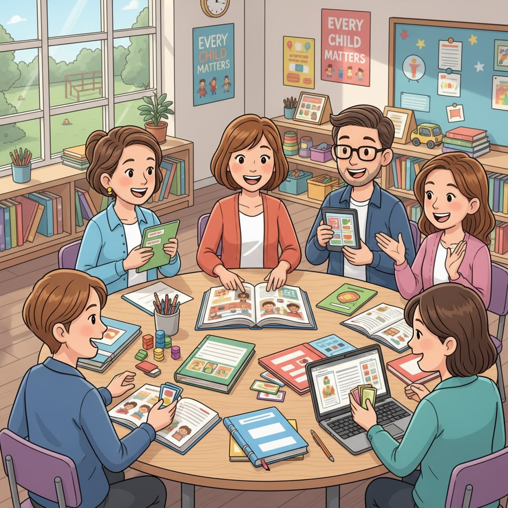 A group of special education teachers are smiling as they work together in a classroom, showing their dedication. Special education teachers engaged in work related to part-time jobs, remote income, and teachers' side hustles