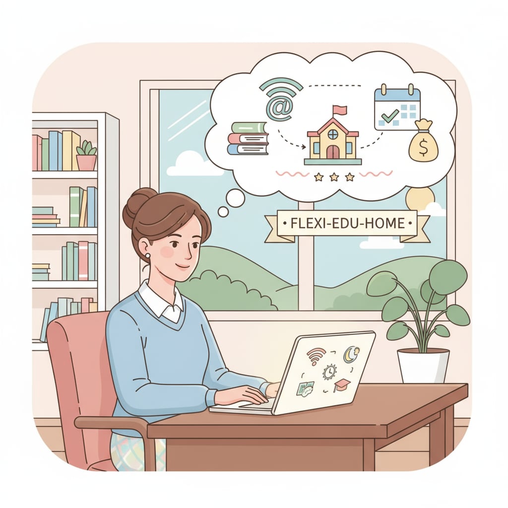 A teacher is sitting at a desk, working on a laptop at home, representing the concept of remote part-time work. A teacher involved in remote income-generating part-time work as a side hustle