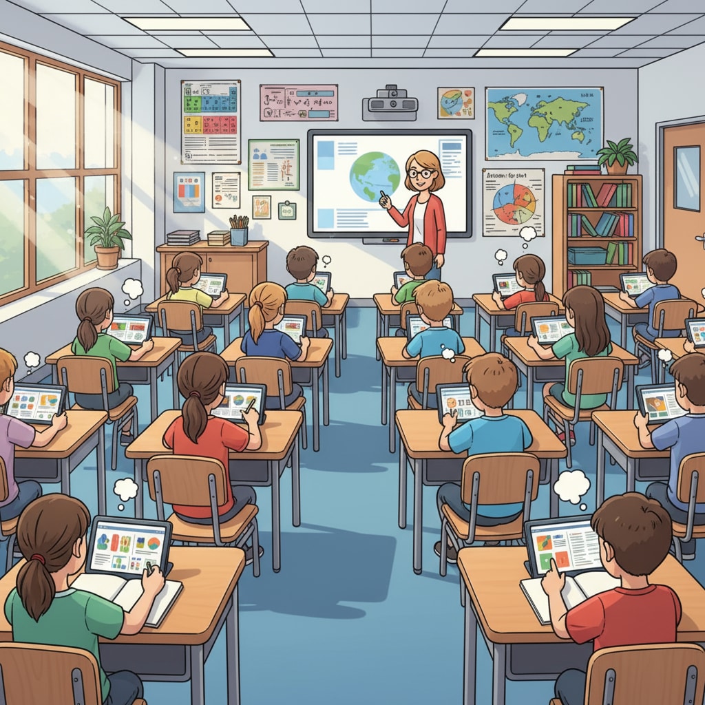 A group of K12 students are sitting at desks in a classroom, using tablets to study. Some are looking at educational materials on the screens, and others are taking notes. K12 students using tablets for school learning