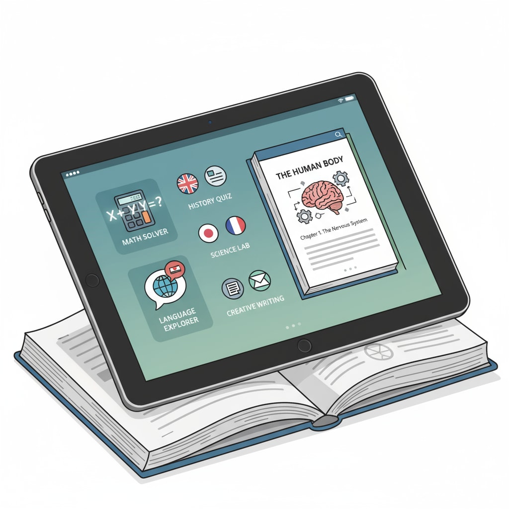A close-up shot of a tablet screen showing various educational apps like math solvers, language learning tools, and e-books. Educational apps on a tablet for K12 students