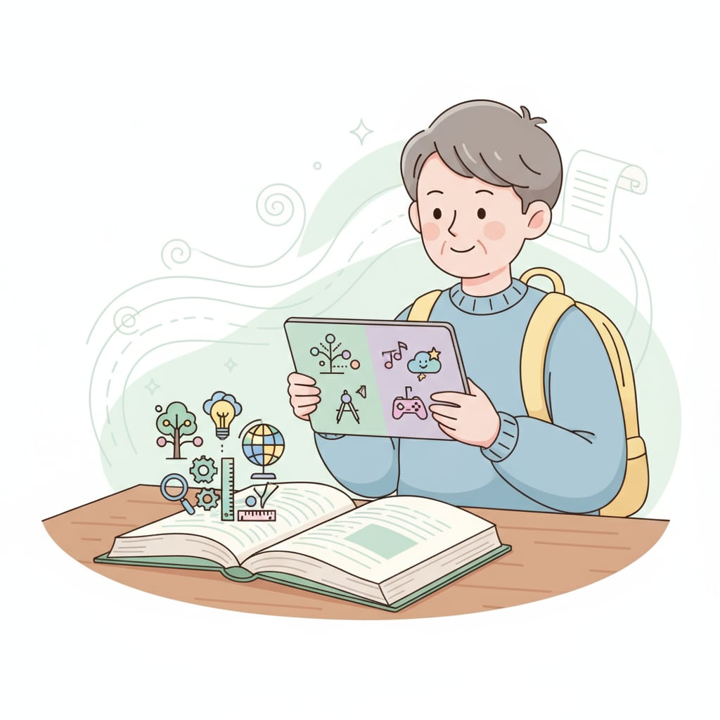 A student is smiling while holding a tablet, with an open book beside. The tablet screen shows a mix of educational and entertainment content. A K12 student enjoying using a tablet for both learning and entertainment