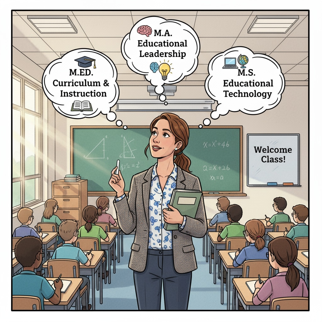 A high school math teacher stands in front of a classroom filled with students, looking thoughtful as they consider different educational master's paths. A high school math teacher contemplating educational master's choices related to curriculum design, educational leadership, and career development.