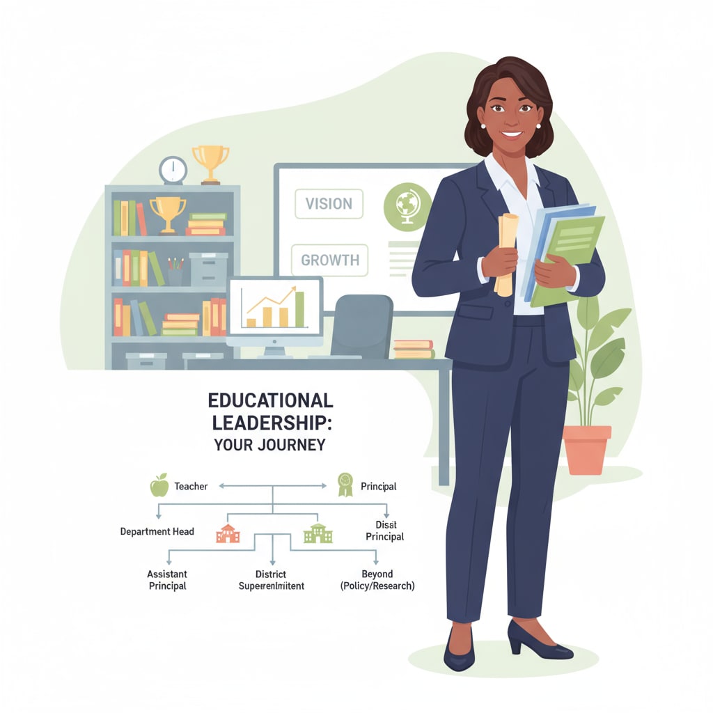 A person in an educational leadership role is standing in a school office, looking confident while holding some educational documents, representing the career path of educational leadership. A person in an educational leadership position, an option for educators considering career development in the context of educational master's choices.