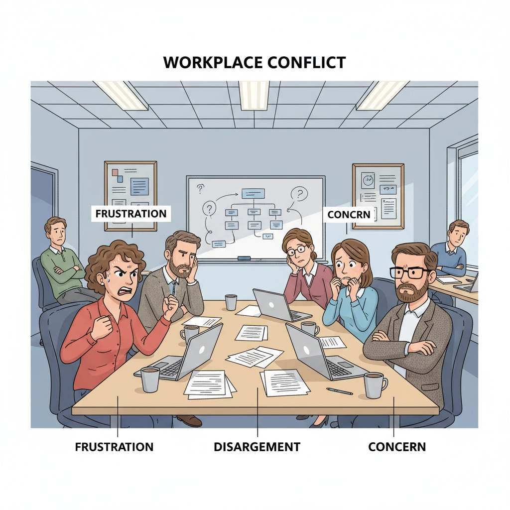 A group of teachers are having a discussion in a school meeting room. There is a tense atmosphere, with some teachers looking frustrated and others looking concerned. This represents the situation of workplace conflict among teachers. Workplace conflict among teachers in a school meeting room