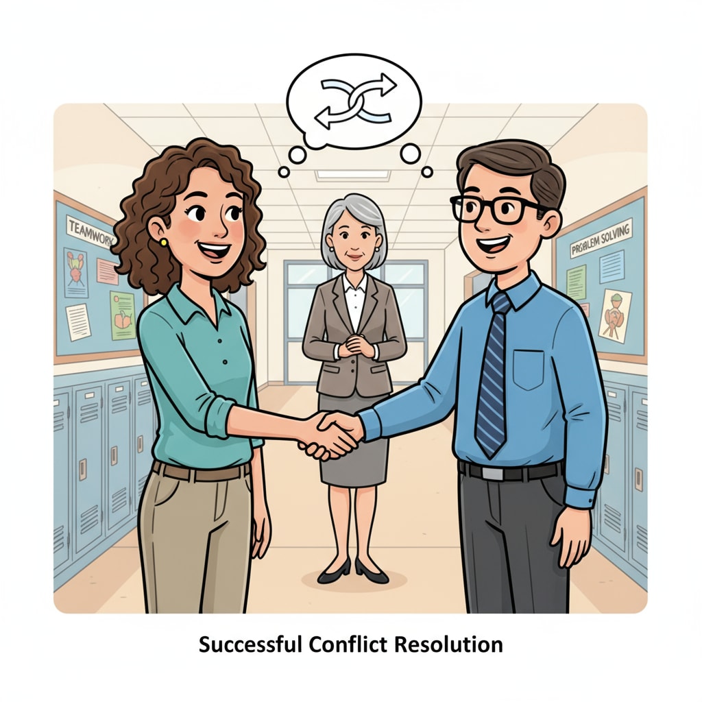 Two teachers are shaking hands with smiles on their faces. A school administrator is standing beside them, looking satisfied. This shows the successful resolution of a conflict between teachers. Resolution of conflict between teachers with the help of a school administrator
