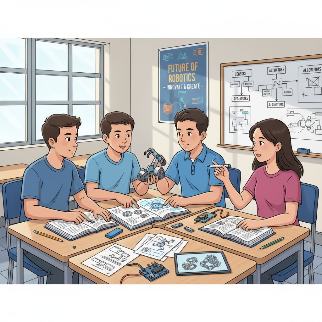 A group of Filipino students is engaged in a discussion about robotics concepts inside a classroom, with books and papers scattered on the desks. Filipino students discussing robotics in a classroom related to robotics master's, study abroad options, and education costs