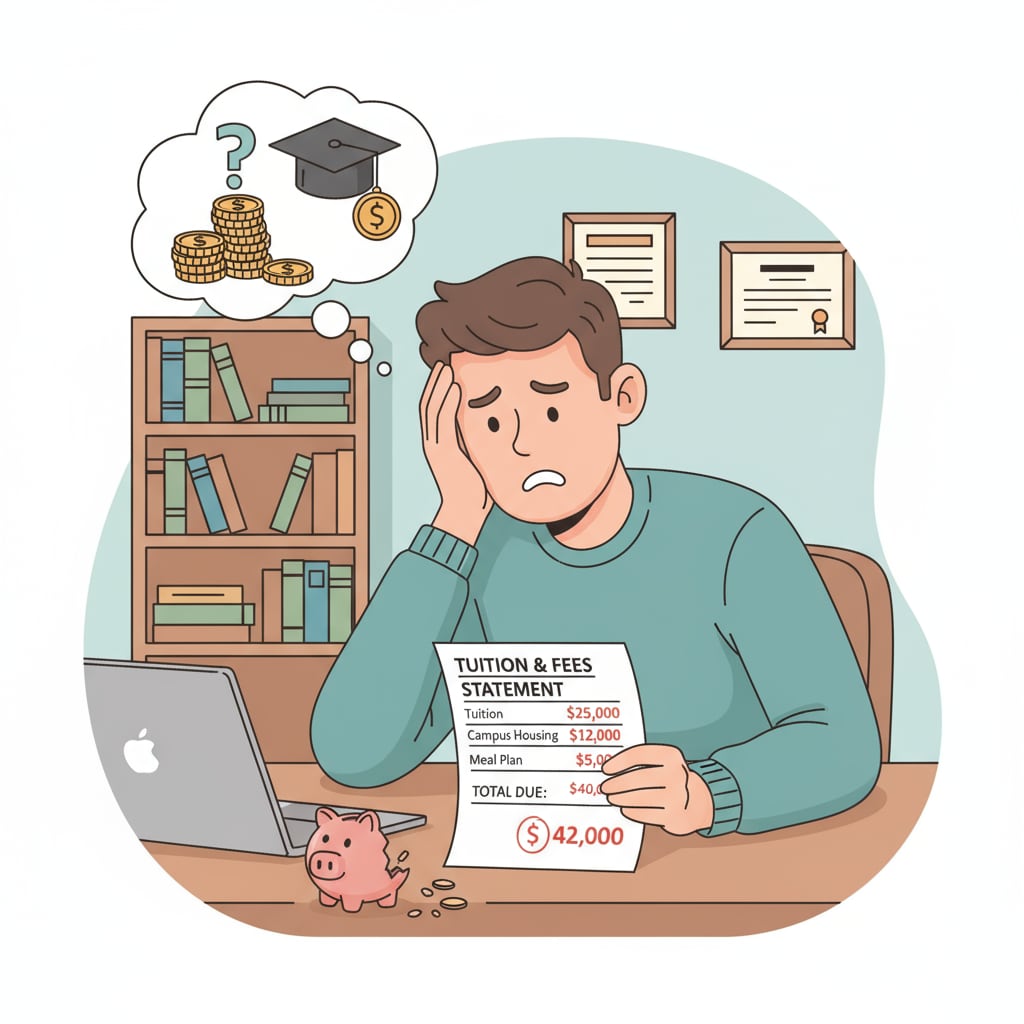 A student is sitting at a desk, looking at a tuition fee statement with a worried expression, highlighting the burden of education costs. A student worried about tuition fees relevant to robotics master's, study abroad options, and education costs