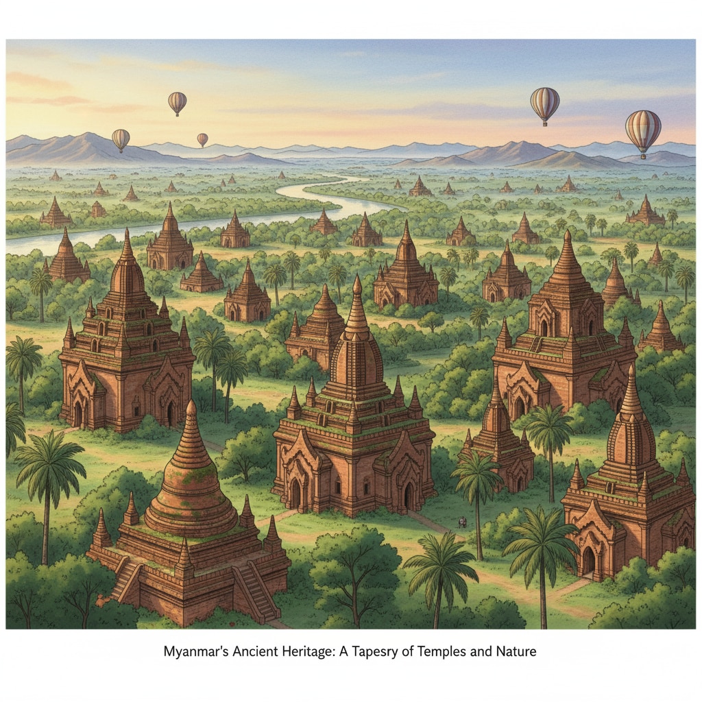 A panoramic view of Myanmar's ancient temples against a backdrop of lush landscapes, showing its rich cultural heritage A view of Myanmar's ancient temples highlighting its cultural heritage amidst beautiful landscapes