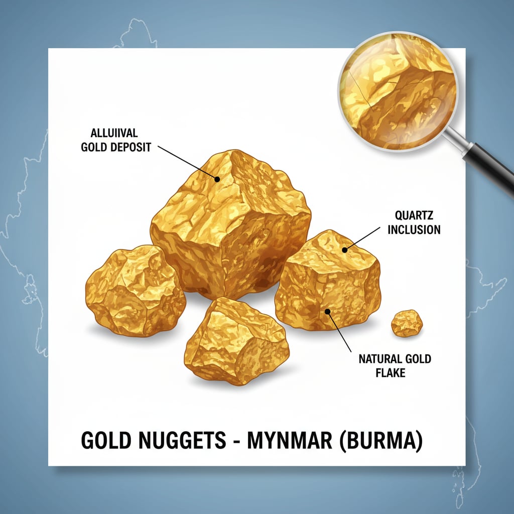 A close-up of gold nuggets found in Myanmar, highlighting its precious resource Close-up of gold nuggets from Myanmar emphasizing its valuable gold resources