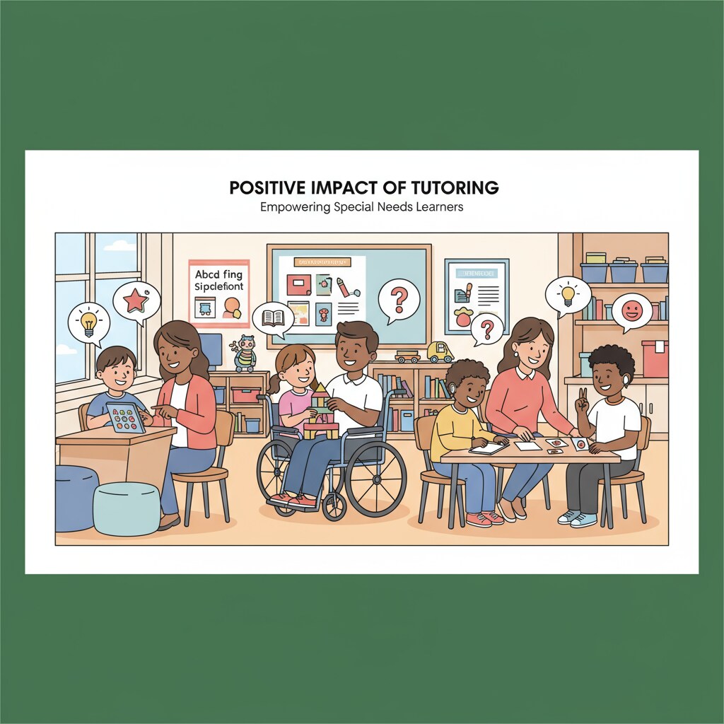 A group of special needs children are actively participating in learning activities with their tutors, showing the positive impact of tutoring. Special needs children learning with tutors in a tutoring app context