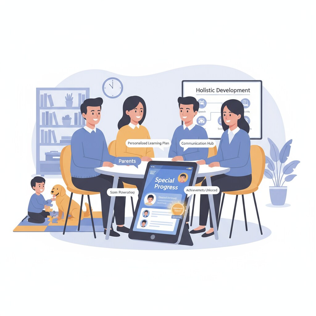 Parents and tutors are engaged in a conversation about a special needs child's progress, facilitated by a tutoring app. Parent-tutor communication regarding a special needs child's progress through a tutoring app