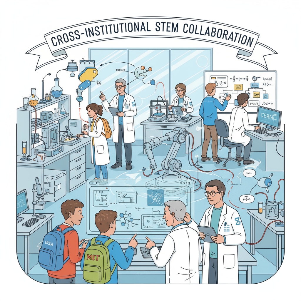 Students and professionals from different institutions working together on a STEM project, showing the collaborative nature of cross-institutional efforts in STEM education. Cross-institutional collaboration in STEM education with students and professionals working together