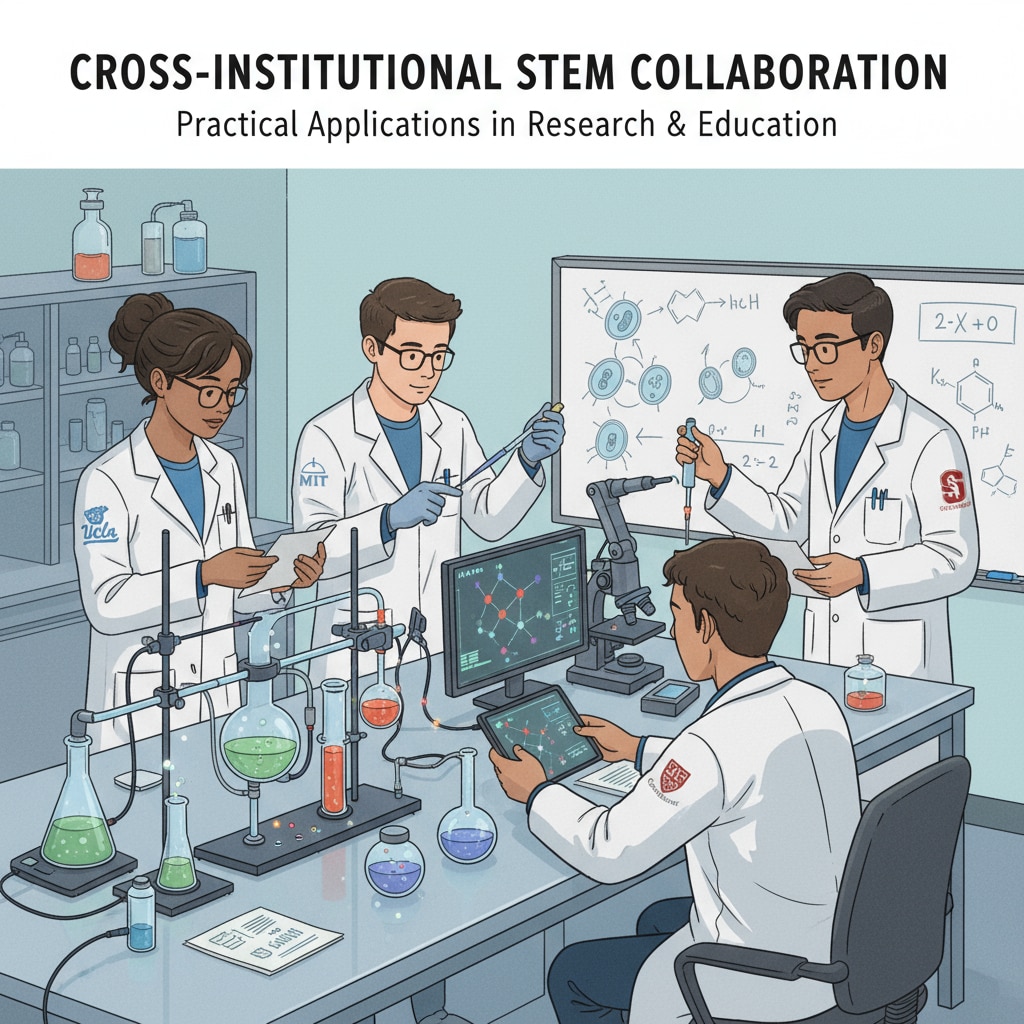 A group of students from various institutions collaborating on a STEM project in a laboratory, highlighting the practical aspect of cross-institutional collaboration in STEM education. Students from different institutions collaborating on a STEM project in a laboratory for cross-institutional collaboration in STEM education