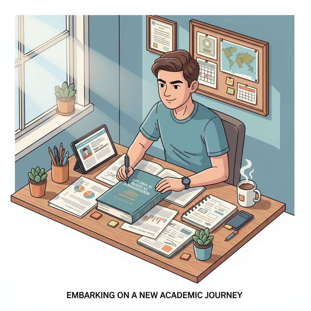 A student is sitting at a desk, deeply focused on diploma course materials, with books and papers spread out. This represents the moment of engagement in the new educational path. A student concentrating on diploma course materials related to learning comprehension and ability enhancement through educational path selection