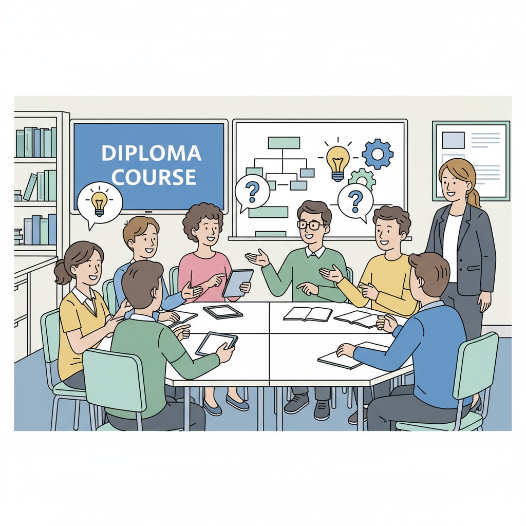 A group of students are engaged in a lively discussion during a diploma course. They are sharing ideas and perspectives, which is an important part of the learning process in the new educational environment. Students engaged in a discussion during a diploma course for learning comprehension and ability enhancement via educational path selection