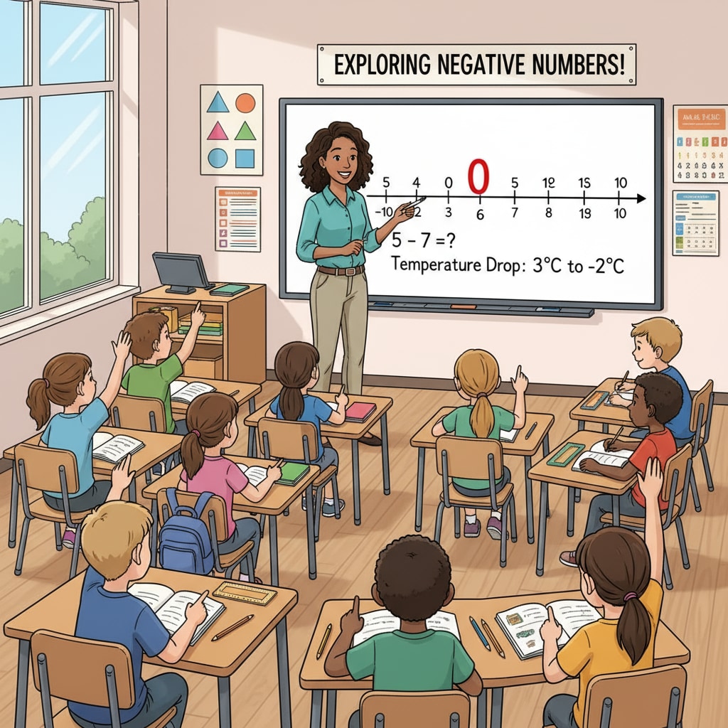 A classroom scene where fourth graders are engaged in a math lesson about negative numbers. The teacher is using a whiteboard to explain concepts, and students are actively participating. Fourth graders learning about negative numbers in a classroom setting
