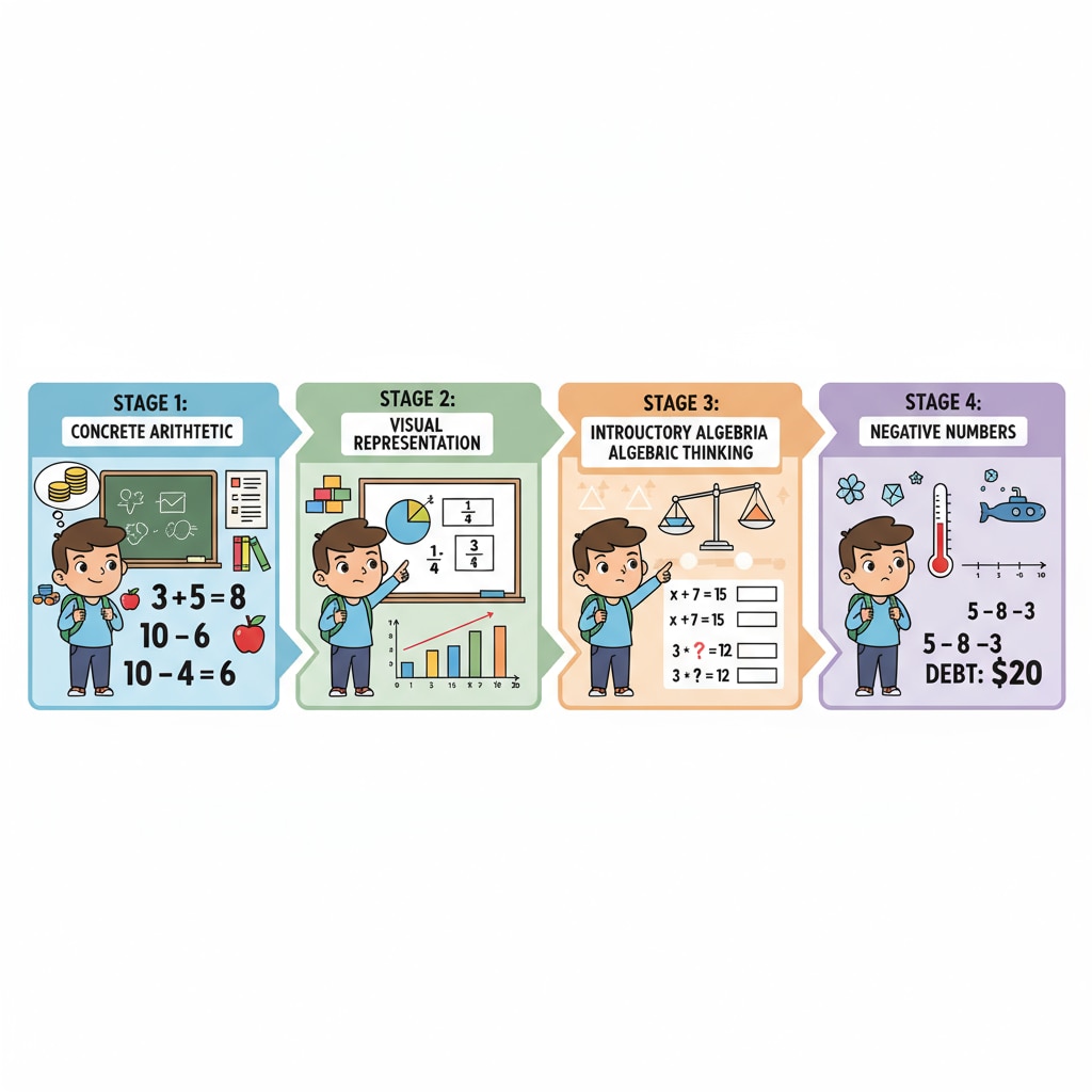 Illustration showing the cognitive development stages related to math concepts for fourth graders. It depicts how they progress from basic arithmetic to more complex ideas like negative numbers. Cognitive development stages of fourth graders in relation to math concepts
