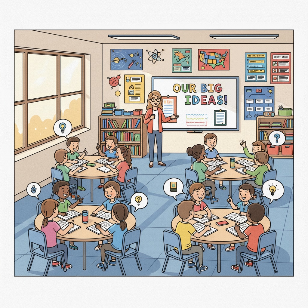 A classroom scene in the US where students are actively engaged in discussions, with tables arranged in a group setting, and students expressing their ideas with enthusiasm. Classroom scene in the US showing students' active participation, related to education systems, cultural differences, and learning pressures