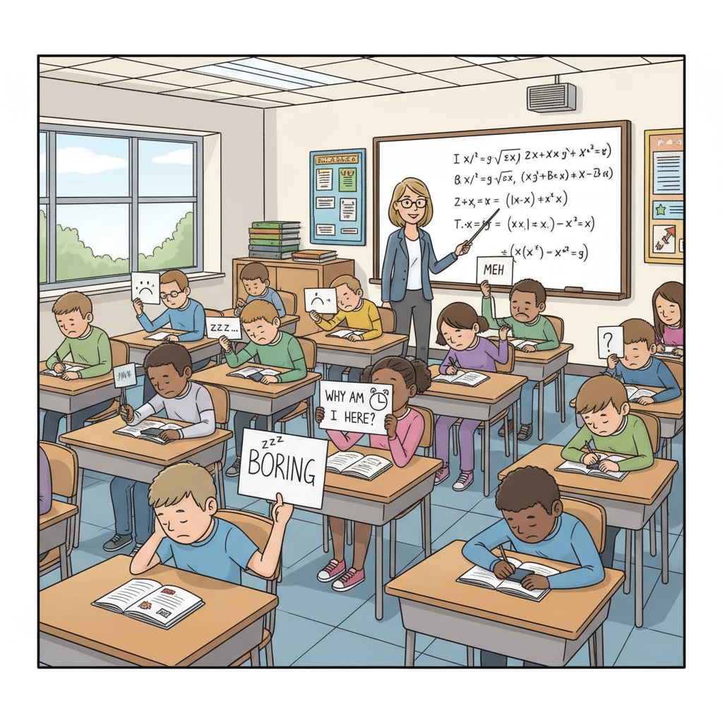 A classroom scene where students are sitting but showing signs of disinterest during a lesson, highlighting the issue of compulsory presence without genuine learning. Classroom scene depicting the flaw of compulsory learning in school systems