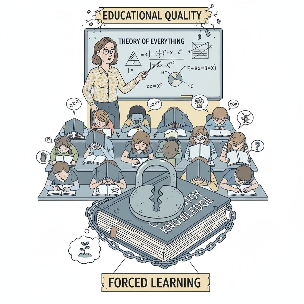A teacher standing in front of a class of unresponsive students, emphasizing the challenges faced in maintaining educational quality due to compulsory learning. Image showing the impact of compulsory learning on educational quality