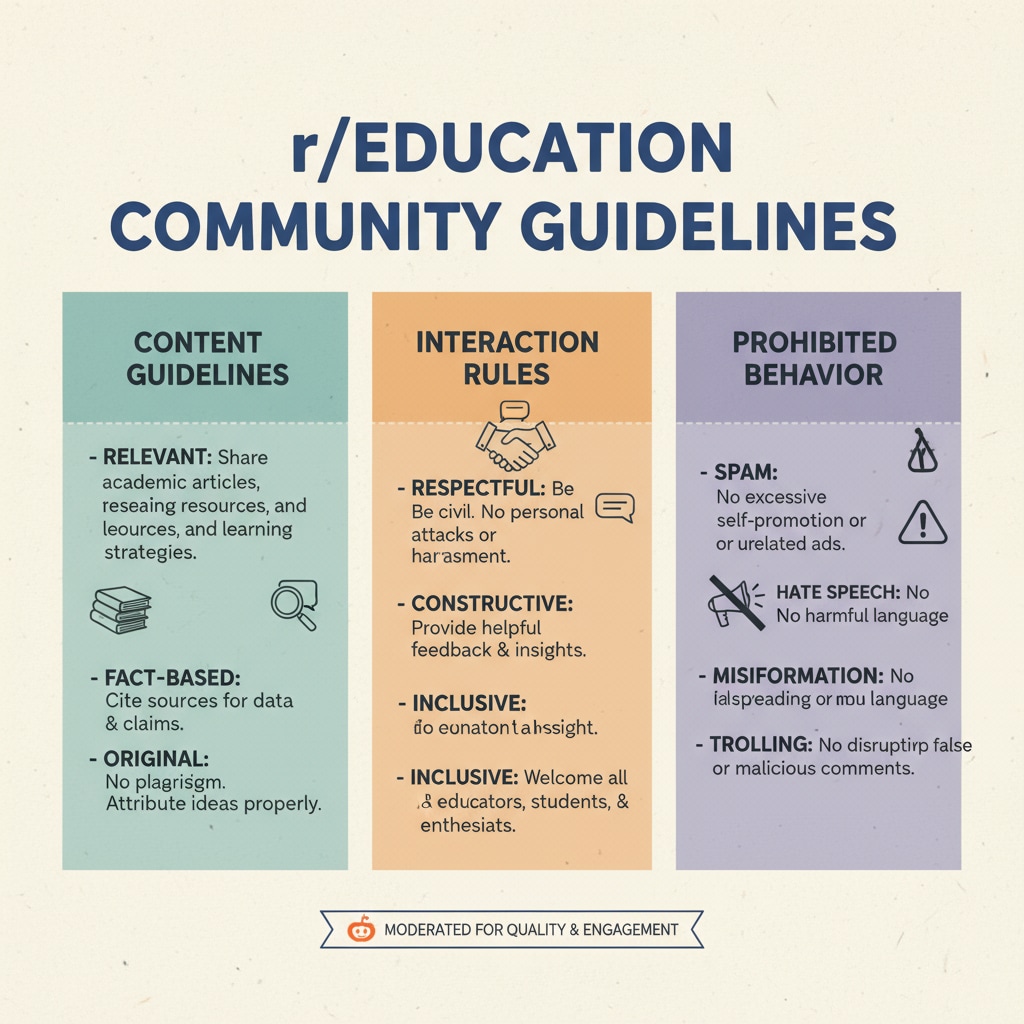 An infographic presenting the key rules of Reddit's education community, including guidelines on content, interaction, and prohibited behavior. Rules of Reddit's education community