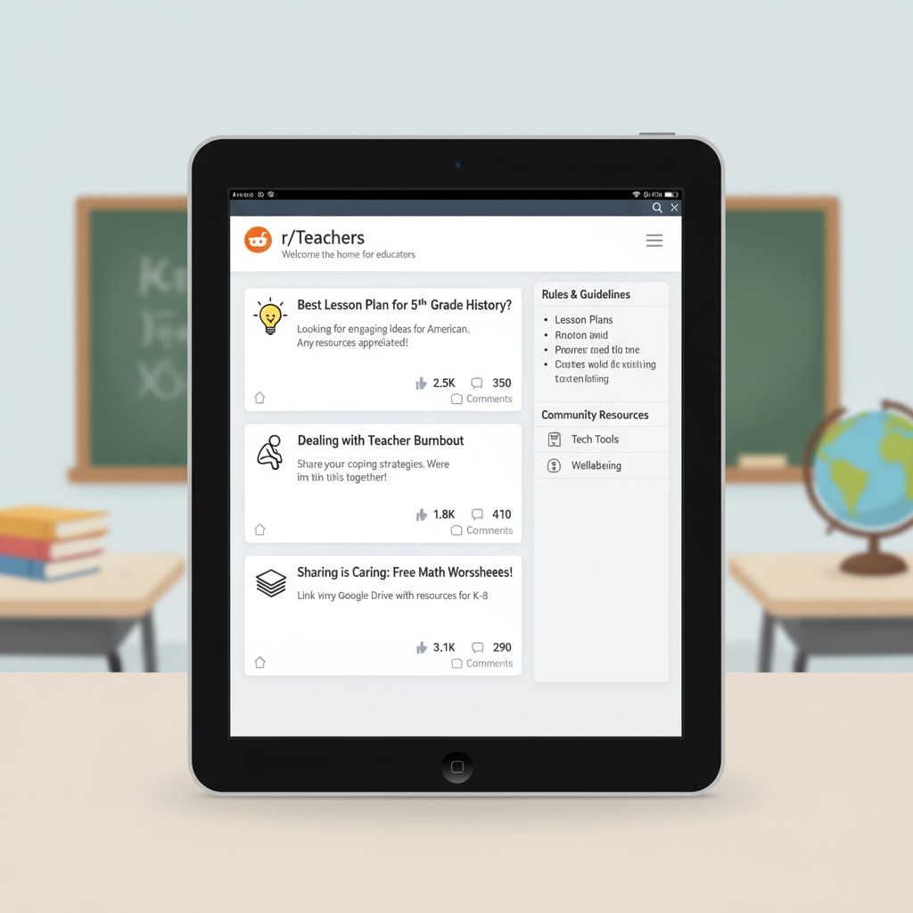 A screenshot of the r/Teachers subreddit page, showing various posts related to teaching experiences, lesson plans, and support. Screenshot of r/Teachers subreddit