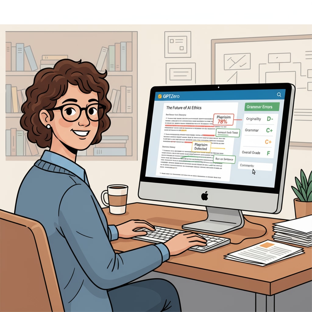 An educator is using a computer with the GPTZero interface open, grading student essays. The screen shows highlighted areas for plagiarism detection and grammar analysis. An educator using GPTZero for paper grading and AI detection in K12 education