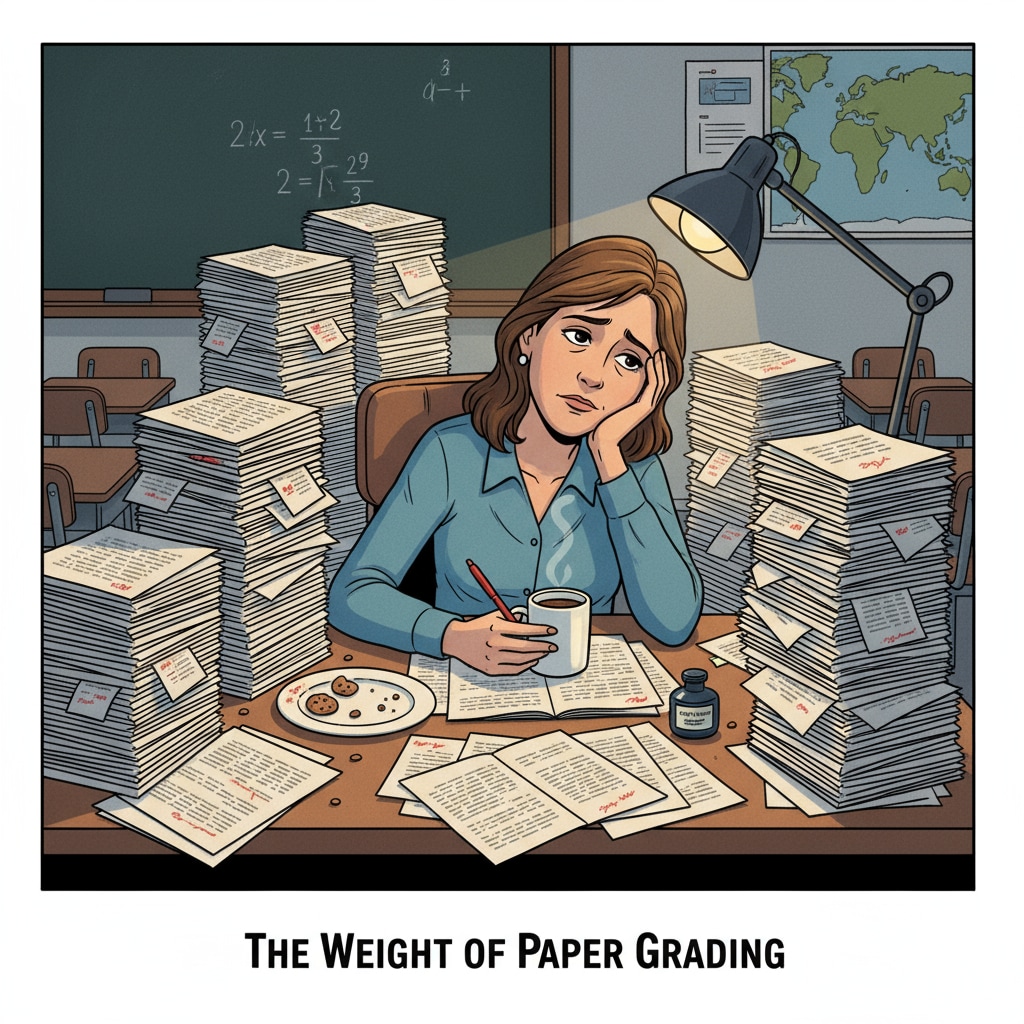 A teacher is sitting at a desk, surrounded by stacks of student essays. The teacher has a tired expression, indicating the burden of traditional paper grading. A teacher overwhelmed by the task of traditional paper grading in K12 education