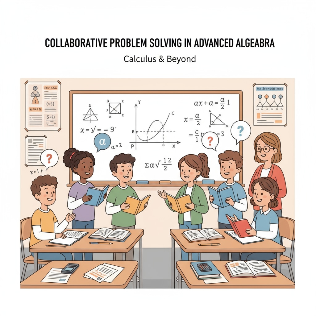 A classroom scene where students are discussing advanced math problems Students discussing advanced math problems in a K12 classroom related to mathematics education, practicality, and advanced mathematics