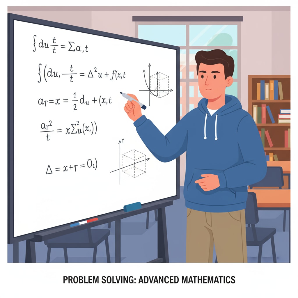 A student using a whiteboard to solve an advanced math problem A student solving an advanced math problem on a whiteboard relevant to mathematics education, practicality, and advanced mathematics