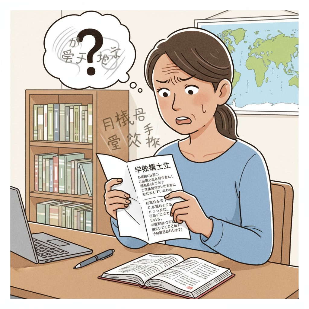 A non - white parent is sitting at a table, looking confused and frustrated while trying to read a school notice written in a language they are not proficient in. Non - white parent facing language barrier in educational involvement related to curriculum design