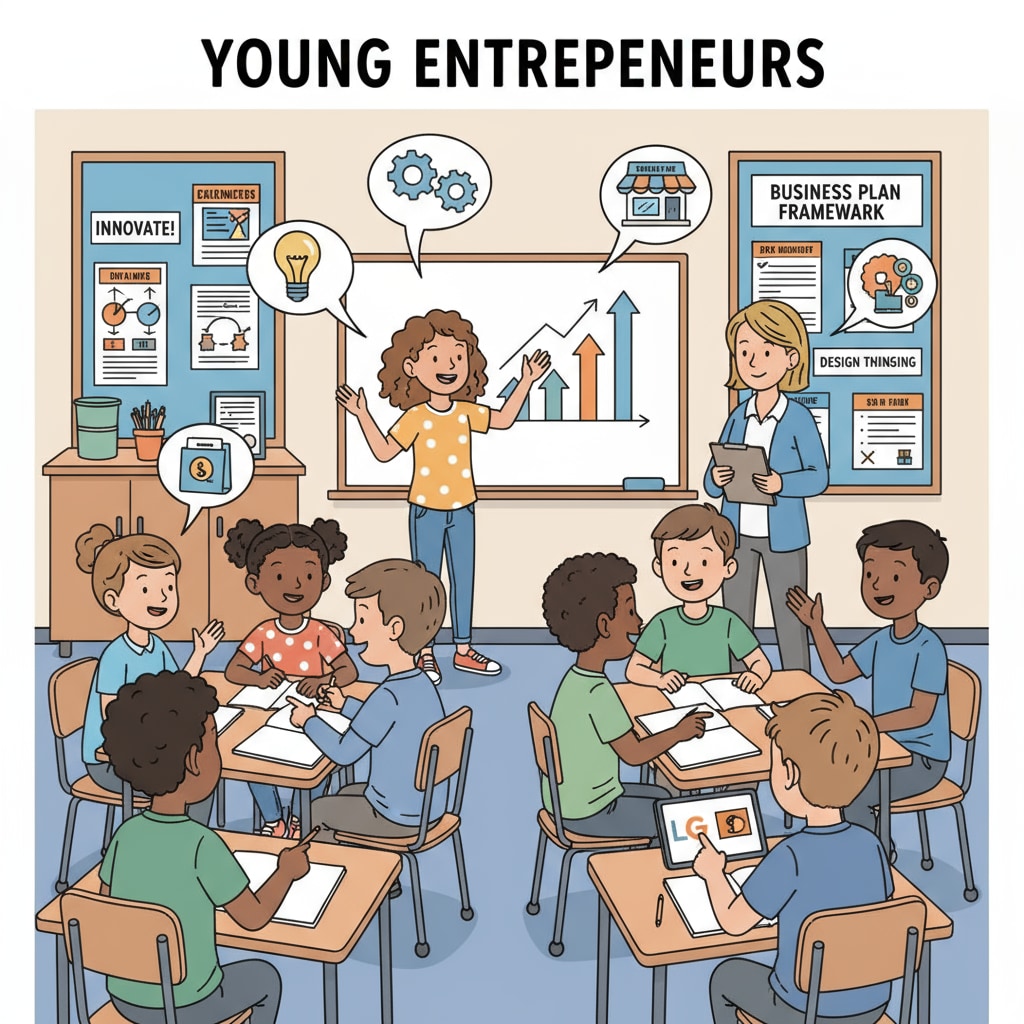 A group of K-12 students are actively discussing and coming up with business ideas in a classroom setting, showing their enthusiasm for entrepreneurial education. K-12 students engaged in entrepreneurial education discussion in a classroom