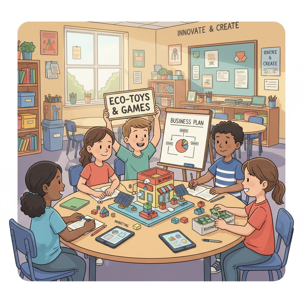Students are working together on a hands-on project related to entrepreneurship, such as building a small business model, which reflects practical learning in K-12 curriculum. K-12 students involved in practical entrepreneurial project