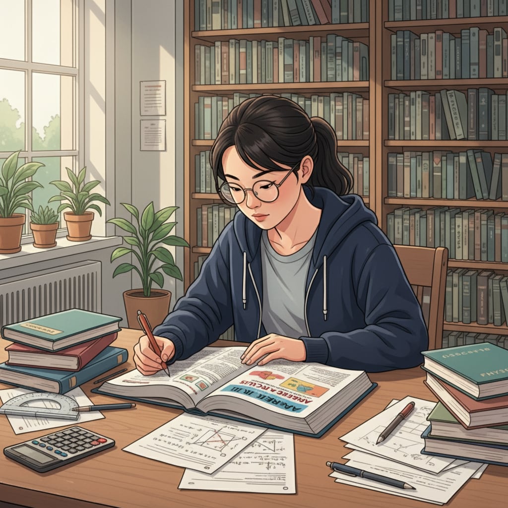 A student sitting at a table in a library, intently studying high school math textbooks, surrounded by books and papers. Student studying high school math textbooks relevant to calculus learning and parental expectations