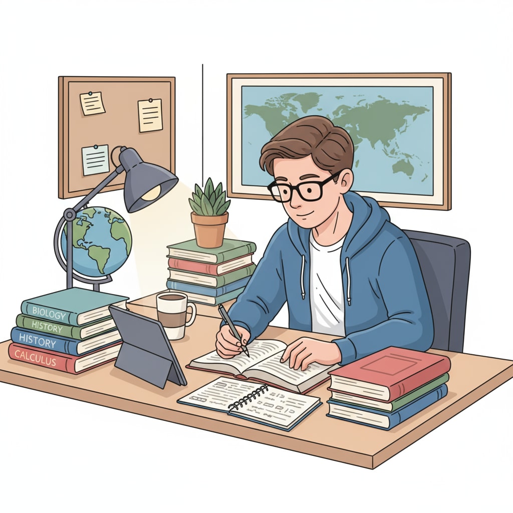 A student studying at a desk with books and notebooks, showing a focused learning environment A focused student studying to achieve high grades using effective learning methods