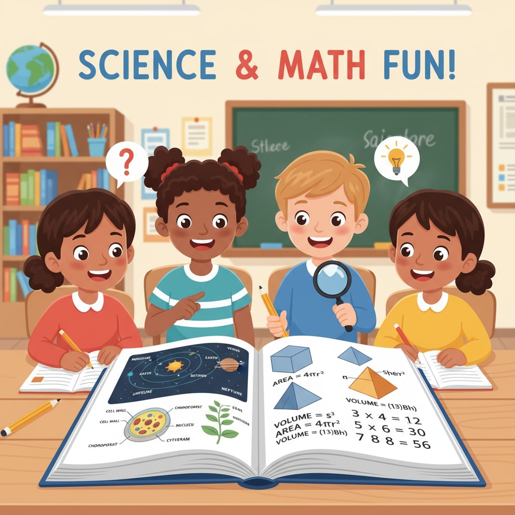 A group of third graders are gathered around textbooks, studying science and math concepts. Third graders studying science and math textbooks for REET Mains test preparation