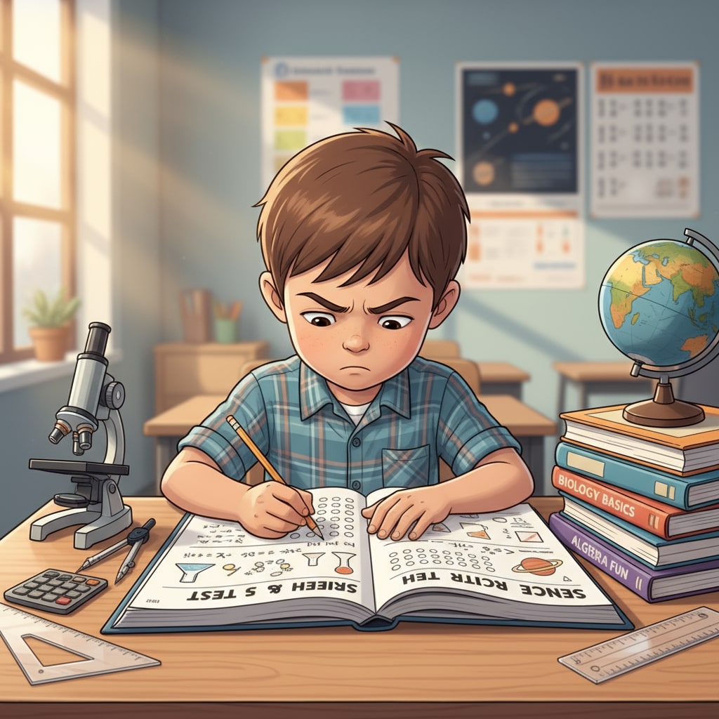 A third grader is sitting at a desk, concentrating on a practice test for science and math. Third grader working on a science and math practice test for REET Mains